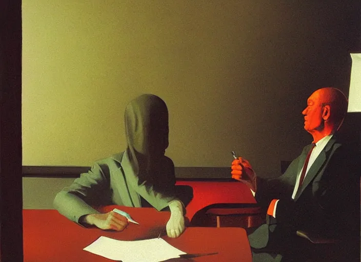 Image similar to portrait painting of two business men making a deal, science fiction, Edward Hopper and James Gilleard, Zdzislaw Beksinski, highly detailed