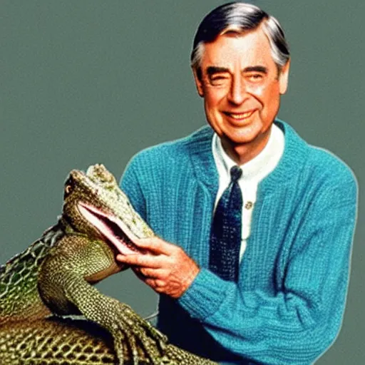 Image similar to mr. rogers proudly displaying a skinned alligator. 1 9 7 0 s color photo.