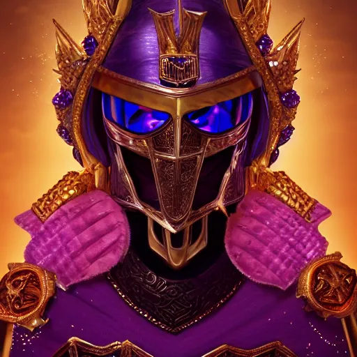 Image similar to a highly detailed knight with glowing purple eyes in a golden helmet and a golden crown with a diamond in the center, golden armor, leather clothes under the armor, leather gloves, holds a black sword, artstation, DeviantArt, professional, octane render, sunset lighting