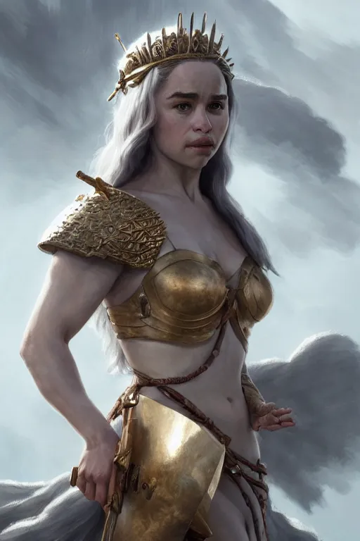 Prompt: Emilia Clarke as goddess of war, anatomy, only two hands, highly detailed, digital painting, artstation, concept art, smooth, sharp focus, illustration, Unreal Engine 5, 8K, art by art by artgerm and greg rutkowski and edgar maxence