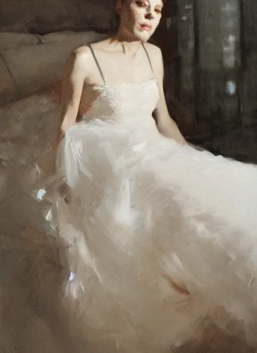 Image similar to portrait painting of a woman posing in an artistic over a bed, white lace wedding dress by jeremy mann, only one head single portrait