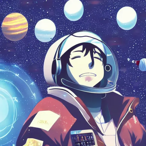 Prompt: Okabe Rintarou floating in outer space with stars and planets in the background, digital art, anime, stylish, sci-fi