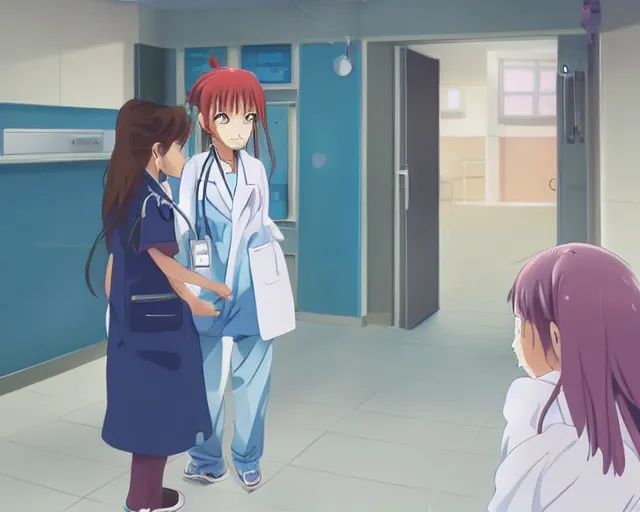 Image similar to a cute young female doctor wearing white coat are talking to a little girl with a blue shirt in a hospital, slice of life anime, vivid, anime scenery by Makoto shinkai