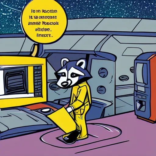 Image similar to a raccoon janitor messing with the controls on a spaceship, comic book illustration