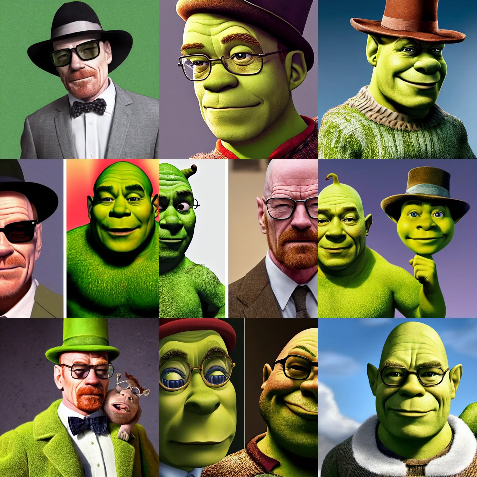 Prompt: shrek bryan cranston as walter white with goatee, wearing bowler hat and sunglasses