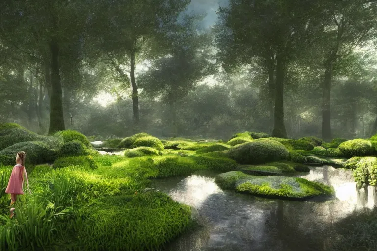 Image similar to hyper realistic detailed render of a vast heavenly garden of peace, wide eden filled with surreal trees, stone slab, colourful wild flowers, moss sheds, fern towers, a girl painting at a distance, small stream or puddles, birds singing, early morning mild lighting, trending on artstation, volumetric lighting, hyper realistic, hyper detailed, high quality render