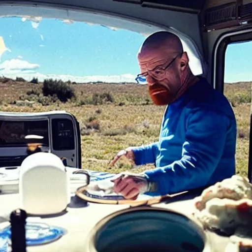 Image similar to Walter White cooking blue meth with Seth Rogan inside an RV