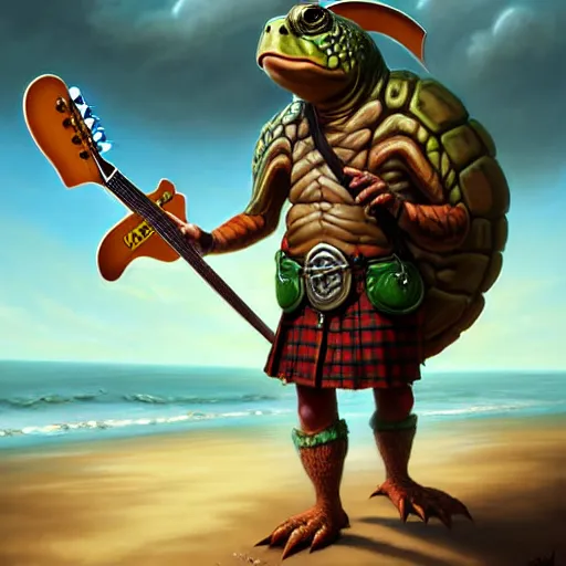 Prompt: an anthropomorphic turtle, wearing a kilt, both arms holding a fender stratocaster guitar, walking up the sandy beach, DnD character art portrait, matte fantasy painting, DeviantArt Artstation, by Jason Felix by Steve Argyle by Tyler Jacobson by Peter Mohrbacher, cinematic lighting