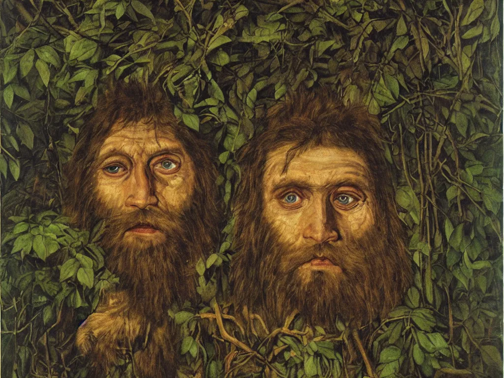 Prompt: Portrait of wild, primitive, cruel green-eyed, hairy, savage man in the dark forest. Painting by Hugo van der Goes