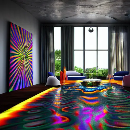 Prompt: : psychedelic art studio, luxury, modern architectural plans hyper - realistic, detailed, render by c 4 d octane, unreal engine, 8 k 3 d render ray traceing