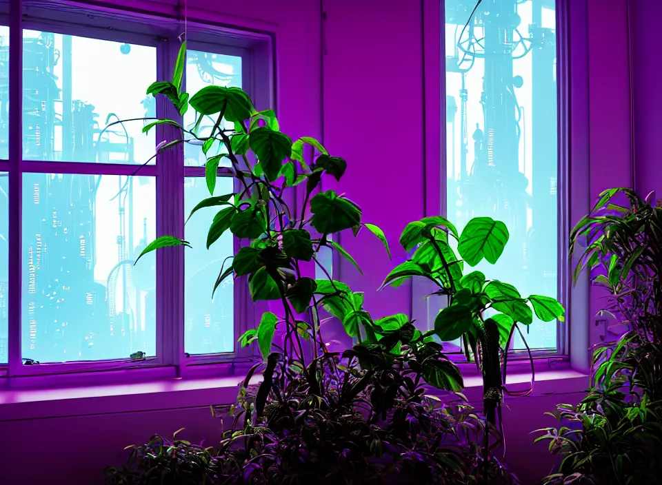 Prompt: telephoto 7 0 mm f / 2. 8 iso 2 0 0 photograph depicting a single purple alien jungle plant in a cosy cluttered french sci - fi ( art nouveau ) cyberpunk apartment in a pastel dreamstate art cinema style. ( computer screens, window ( city ), leds, lamp, ( ( ( aquarium bed ) ) ) ), ambient light.