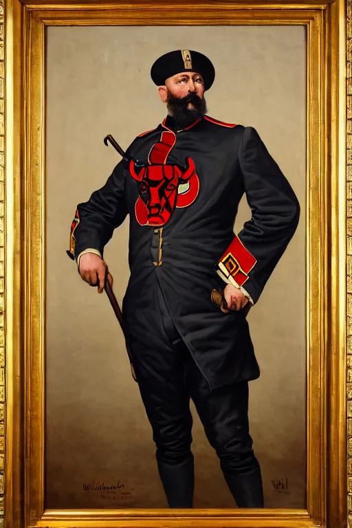 Image similar to full body portrait of the dictator of the chicago bulls, 1 8 8 9, in full military garb, oil on canvas by william sidney mount, trending on artstation