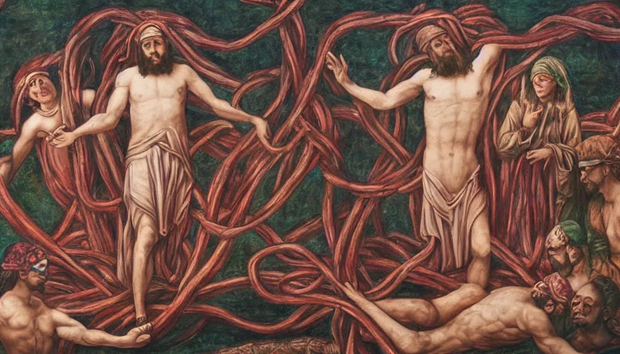 Prompt: mural of blindfolded!!!! jesus christ surrounding by entwined bodies, holding a cornucopia, rivers of blood, by mu pan