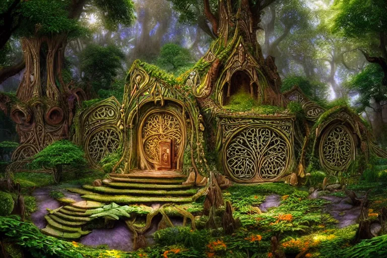 Prompt: a beautiful and highly detailed digital painting of an elven temple in a beautiful garden in a mystical forest, lothlorien, psychedelic patterns, celtic designs, intricate details, epic scale, hyperdetailed, hyperrealism,, artstation, cgsociety, 8 k, sharp focus, by caspar friedrich, albert bierstadt, james gurney, brian froud,