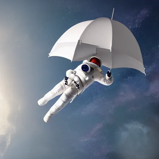 Image similar to astronaut gliding through space with an umbrella, high quality photorealistic, long shot from the back