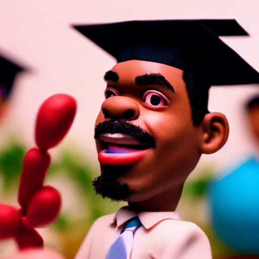 Image similar to a cinematic film still of a claymation stop motion film starring chance the rapper as a college student, shallow depth of field, 8 0 mm, f 1. 8