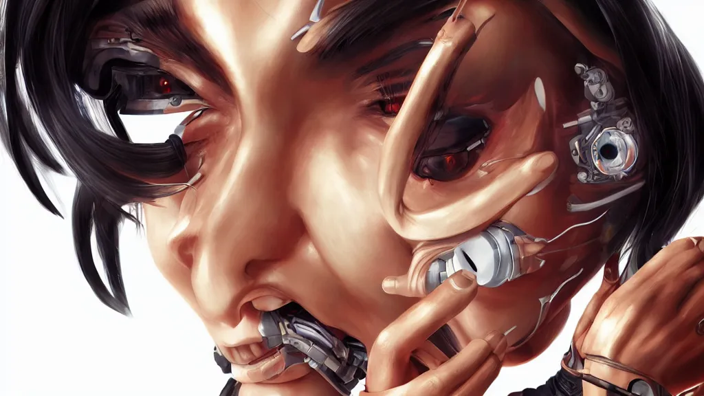 Prompt: portrait of a cyborg asian girl wearing an Ikeuchi mask by Artgerm, biomechanical, hyper detailled, trending on artstation