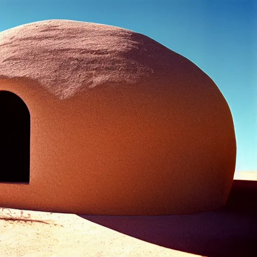 Image similar to a Non-Euclidean orb-like clay house sitting in the desert, vintage photo, beautiful cinematography, blue sky, film grain, James Turrell