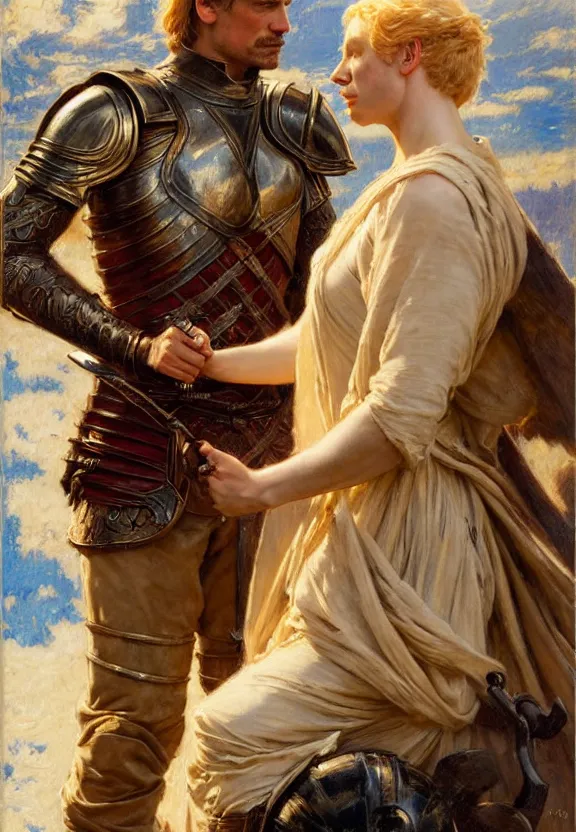 Image similar to attractive jaime lannister confesses his love for attractive armored brienne of tarth. highly detailed painting by gaston bussiere and j. c. leyendecker 8 k