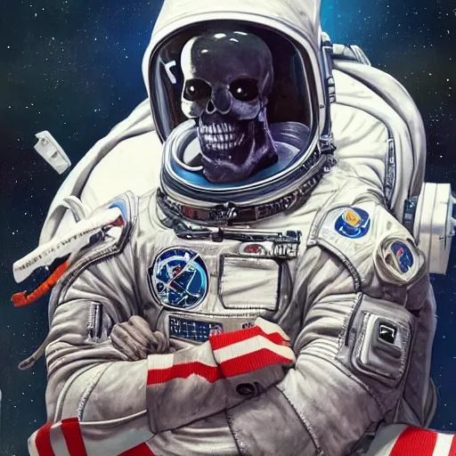 Prompt: a portrait of skull in an astronaut helmet by sandra chevrier, detailed render, epic composition, cybernetics, 4 k realistic, cryengine, realistic shaded lighting, sharp focus, masterpiece, by matteo scalera, gary montalbano, peter elson in the style of the tokyo ghost comic