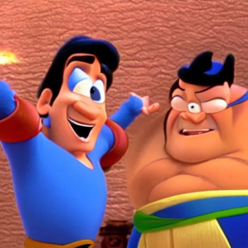 Prompt: a pixar animation of robin williams turning into the genie from disney's aladin as he fights in a fist fight with bruce willis from die hard