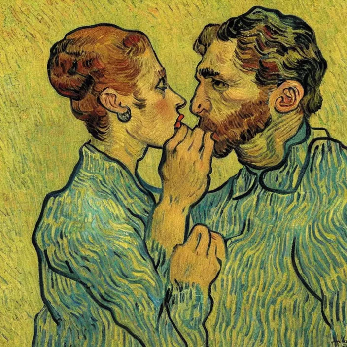 Image similar to one olive - skinned man and one woman kissing, painting by van gogh