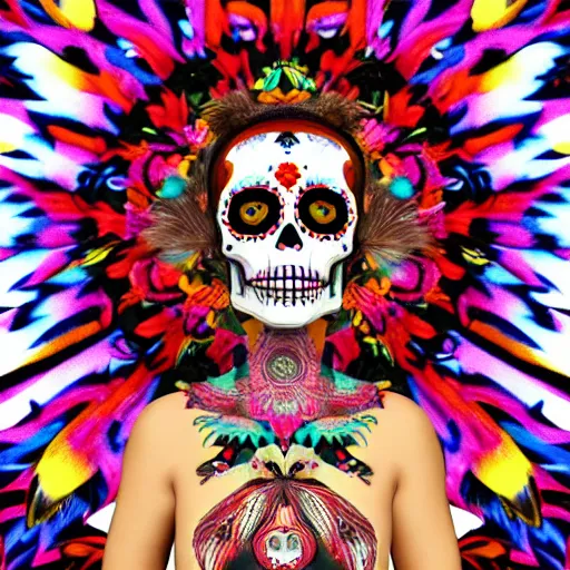 Image similar to new born baby, self - portrait, symmetry, intricate, dia de los muertos, skull mask, aztec ultra detailed feathered dress, 8 k resolution,