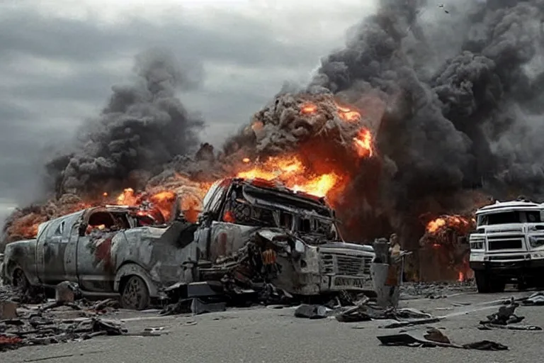 Prompt: a giant truck, transforming into a war machine on a destroyed highway. special effects, highly detailed, filmic. michael bay.