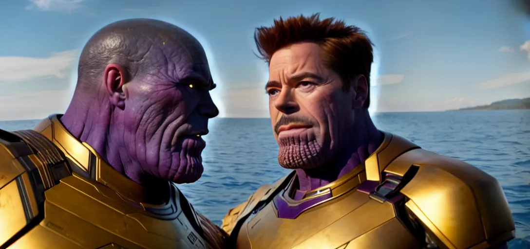 Image similar to a very high resolution image from a new movie. thanos kissing tony stark on a lake, photorealistic, photography, directed by wes anderson