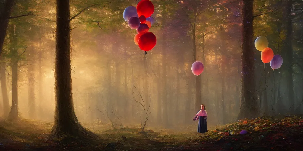 Prompt: beautiful oil painting of girl holding black and blue balloons in a spooky forest back facing, painted by mike winkelmann, james gurney, thomas kinkade, colorful, 4k,Trending on artstation