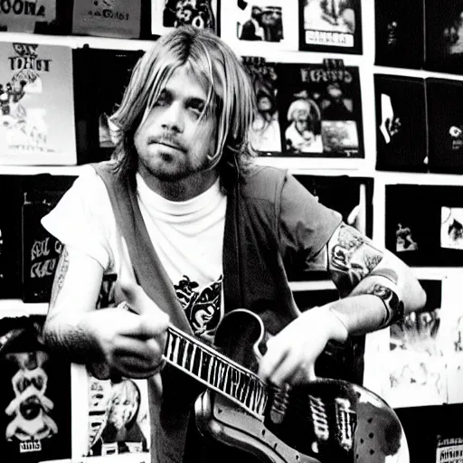 Prompt: kurt cobain smashing foo fighters cds at tower records in 1 9 9 6