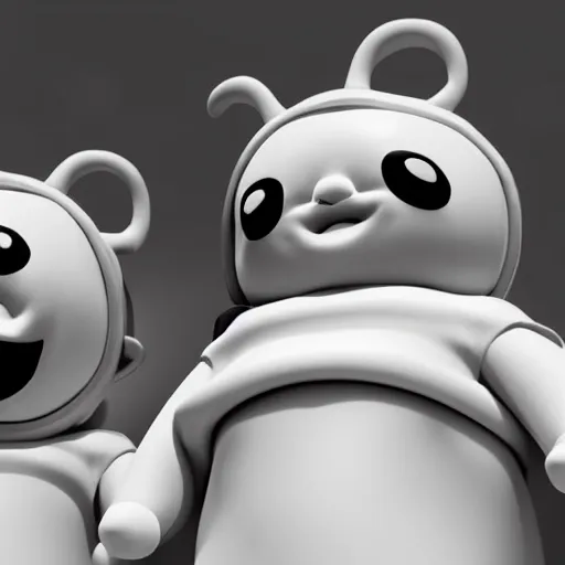 Image similar to black and white distorted Teletubbies with wide open human realistic eyes, highly detailed, sharp focus, octane render, noisy image