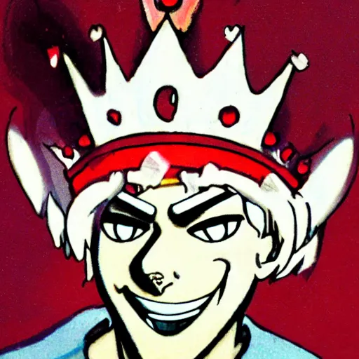 Prompt: man with red eyes and a crown grinning, anime