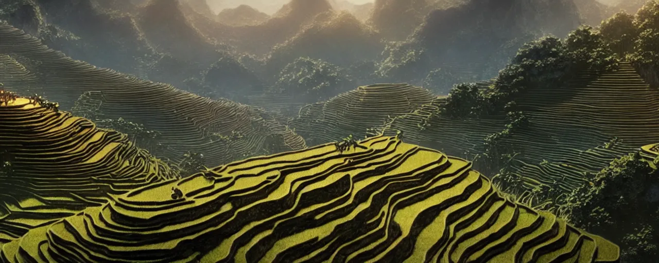 Image similar to an intricate concept art of sci - fi megastructures in rice terraces in the mountains, artstation, photorealistic movie still, sci - fi, hyper realistic, concept art, art by dylan cole, feng zhu, artgerm, greg rutkowski, cinematic lighting, octane render