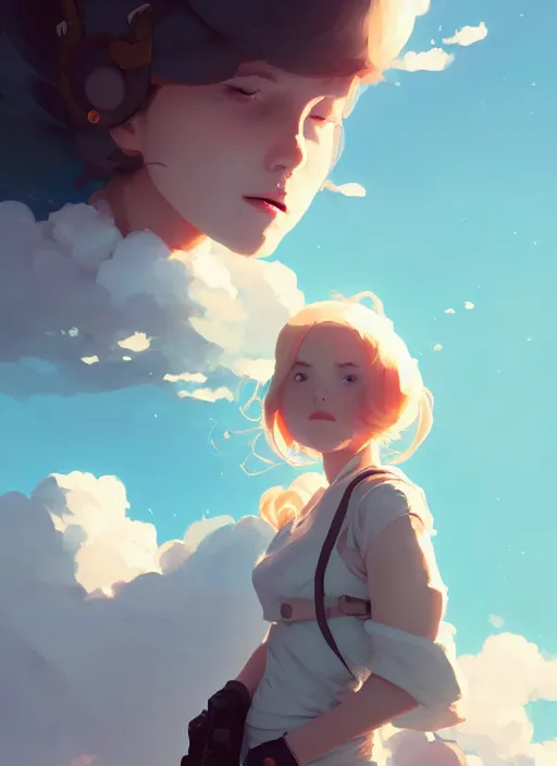 Image similar to portrait of cute maiden girl cowered, cloud sky background, by atey ghailan, by greg rutkowski, by greg tocchini, by james gilleard, by joe gb fenton, by kaethe butcher, dynamic lighting, gradient light blue, brown, blonde cream and white color in scheme, grunge aesthetic