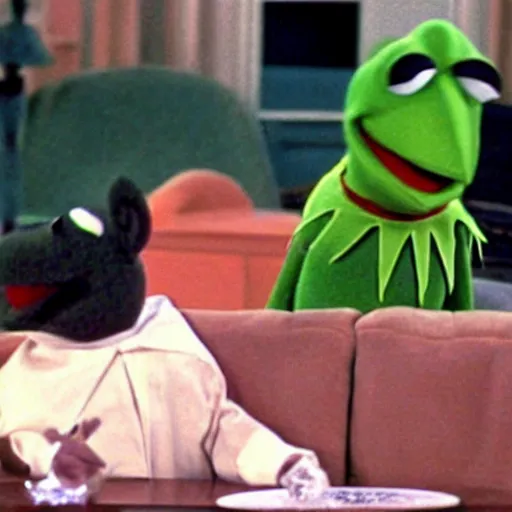 Image similar to screengrab of kermit as guest on seinfeld