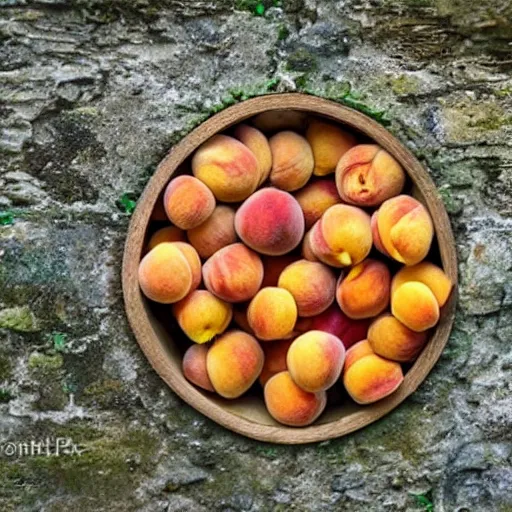 Image similar to a tiny village inside a wallnut made of tiny peaches