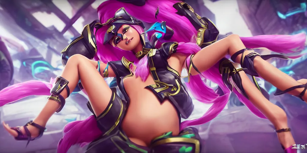 Image similar to skin concept art of pretty Arcade Akali (League of Legends) in KDA music video. 3d render, octane render, game art, realistic, highly detailed, trending on artstation, 4k, trending on artstation, pixar, cgsociety, unreal engine 5, redshift render, trending on artstation, blender, behance, cg