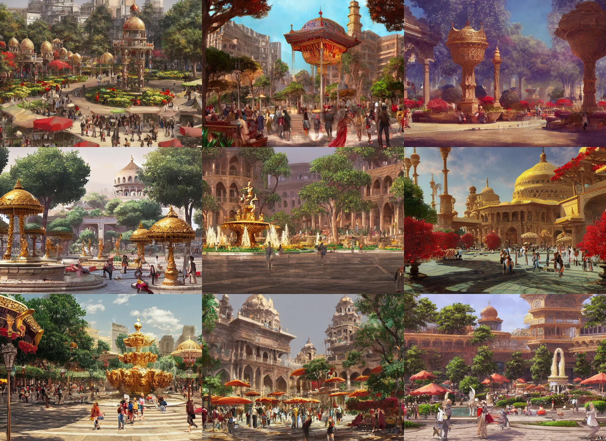 Prompt: Festival square in a Indo-Persian city of unfathomable wealth and luxury. Gold, bronze, white, and red. Fountains, statues, anime, lush trees, flower beds, a fantasy digital painting by Akihiko Yoshida, trending on Artstation, highly detailed