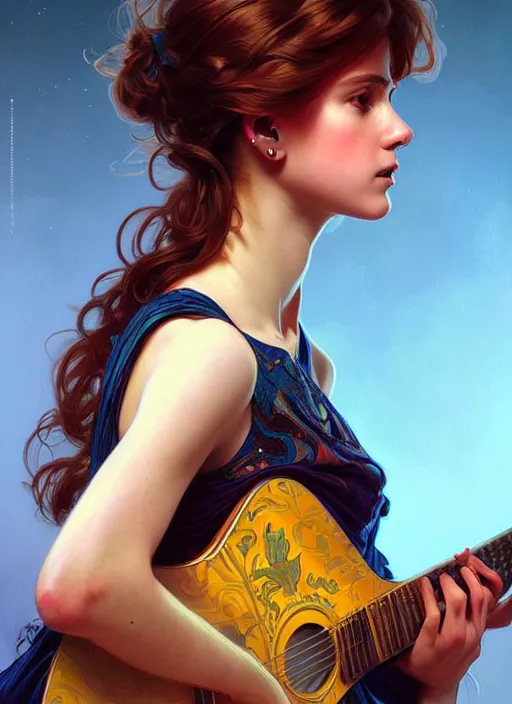 Image similar to portrait girl playing guitar in a tv screen, intricate, hivis, elegant, beautiful, highly detailed, digital painting, artstation, concept art, smooth, sharp focus, illustration, art by artgerm and greg rutkowski and alphonse mucha