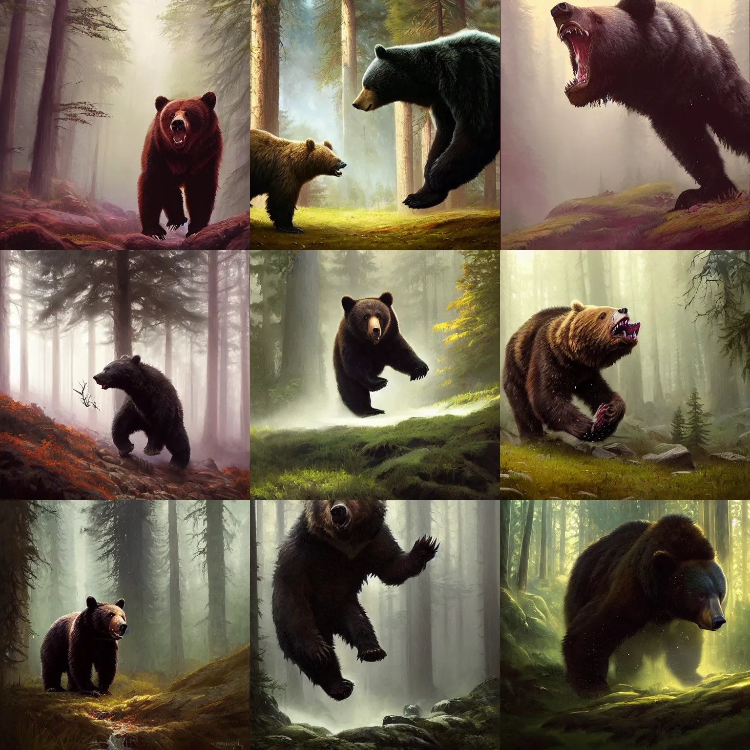Prompt: fantasy painting of wild bear charging towards viewer, paw raised, roaring, open mouth, teeth, dark forest in background, painted by greg rutkowski and andreas rocha
