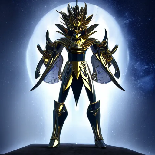 Prompt: full shot portrait of angry Saint Seiya knight at moonlight, wearing golden and silver Cat armor, inspired by Tim Burton, Masami Kurumada, detailed, unreal engine 4k volumetric light, fog,