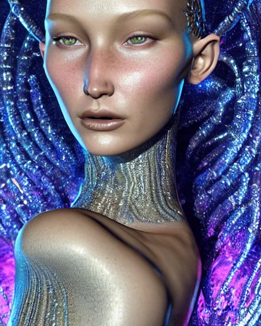 Image similar to a highly detailed metahuman 4 k close up render of an alien goddess bella hadid as alien in iris van herpen dress schiaparelli in diamonds crystals swarovski and jewelry iridescent in style of alphonse mucha gustav klimt trending on artstation made in unreal engine 4