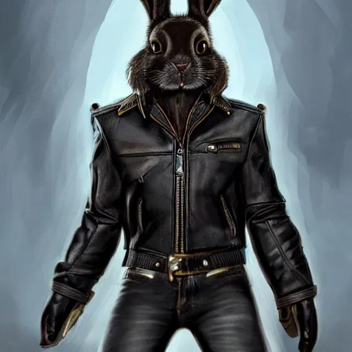 Prompt: A bunny with a small head wearing a fine intricate leather jacket and wearing fine intricate leather jeans and leather gloves wearing a leather dog collar, trending on FurAffinity, energetic, dynamic, digital art, highly detailed, FurAffinity, high quality, digital fantasy art, FurAffinity, favorite, character art