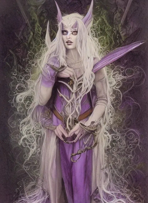 Image similar to portrait of young female sorceress of the endtimes, transluscent skin, lavender hair, beautiful! coherent! dungeons and dragons character, by brian froud, strong line, cool night color, high contrast
