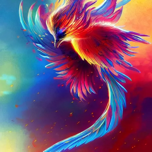 Image similar to cute flying chinese phoenix, sparkling bird eyes, embers surrounding her wings, shining rainbow feathers, smooth features, feathers on fire, highly detailed, digital painting, artstation, concept art, smooth, soft focus, beautiful rainbow colors, illustration, chinese phoenix art by Artgerm and greg rutkowski