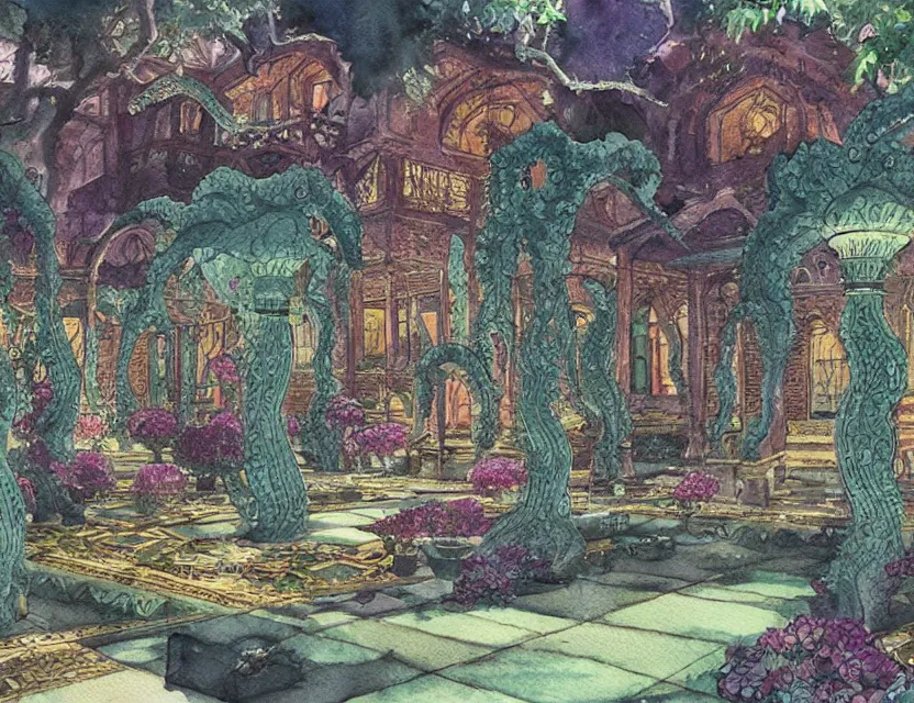 Prompt: lovecraftian persian palace garden. this watercolor painting by the award - winning mangaka has dramatic lighting, an interesting color scheme, a sense of depth.