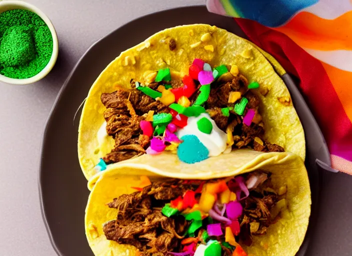 Image similar to dslr food photograph of a tacos topped with rainbow sprinkles, 8 5 mm f 1. 8