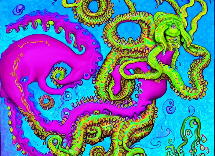 Prompt: lovecraftian grotesque fleshy hellscape artwork by Lisa Frank