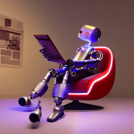 Image similar to futuristic studious matte brown and red and chrome full-body humanoid robot with two huge round expressive sad purple glowing LED eyes and open rectangular mouth sitting on a large comfortable cushioned 1950s vintage recliner reading a newspaper. open newspaper. Cinematic Movie Photograph, Arri Alexa, Extremely Detailed, smooth, very very clean, 8K, octane render, maya render, unreal engine, trending on artstation, DSLR, excellent composition, center frame